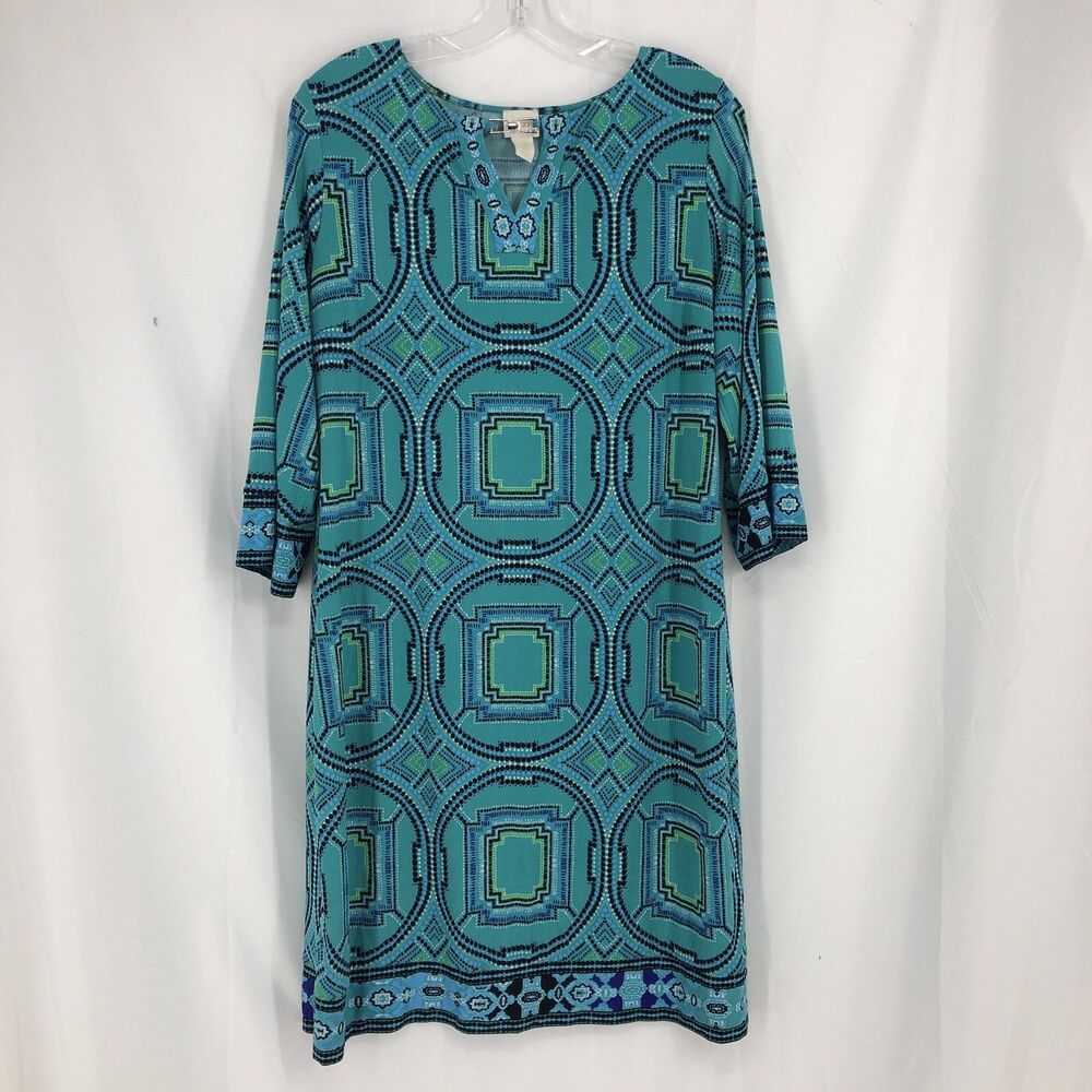 Chico's Paisley Medallion Shift Dress Teal Boho Work Travel Size Size Large (2)